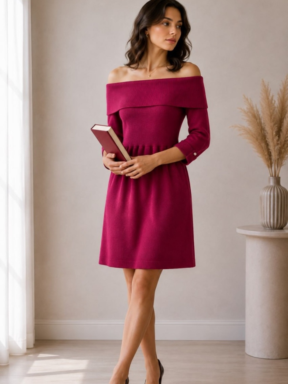 White House Black Market Women’s Magenta Off Shoulder Knit Dress Size M Silk Woo